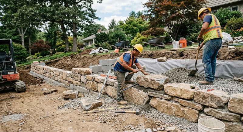 Block Retaining Wall Installation in Rockwall, TX